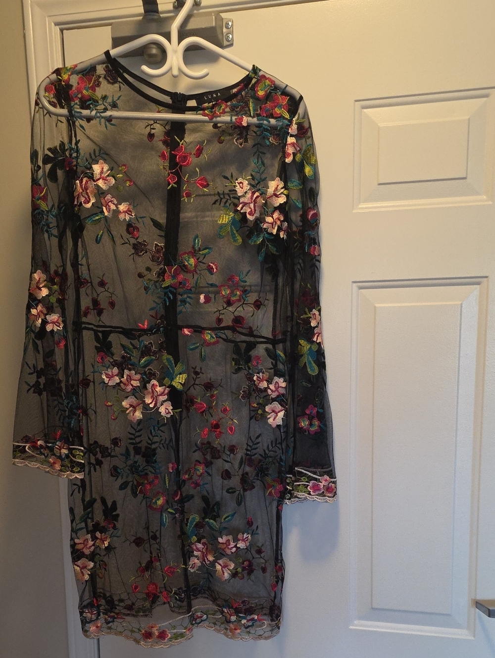 Embroidered Black Mesh Long-Sleeve Floral Dress